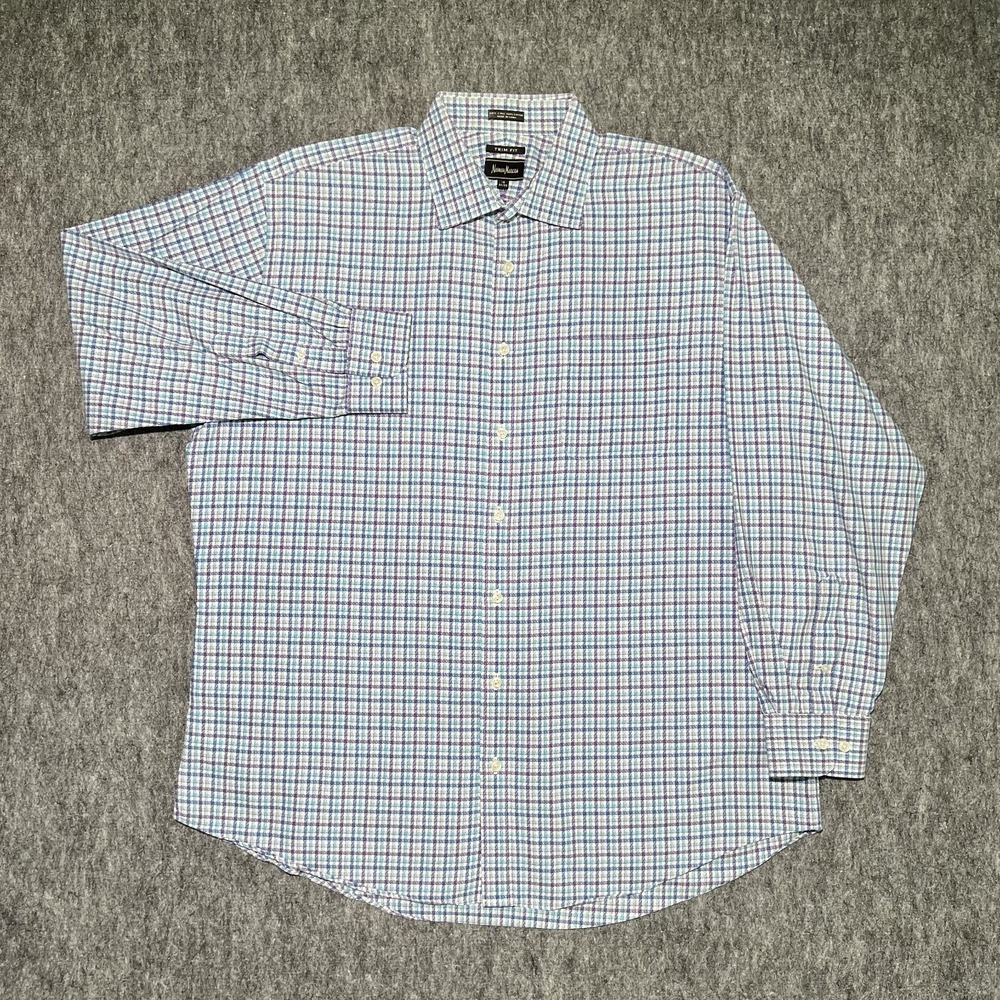 Neiman Marcus Button Up Shirt Men 18 34/35 Blue Plaid Long Sleeve 2-Ply Trim Fit